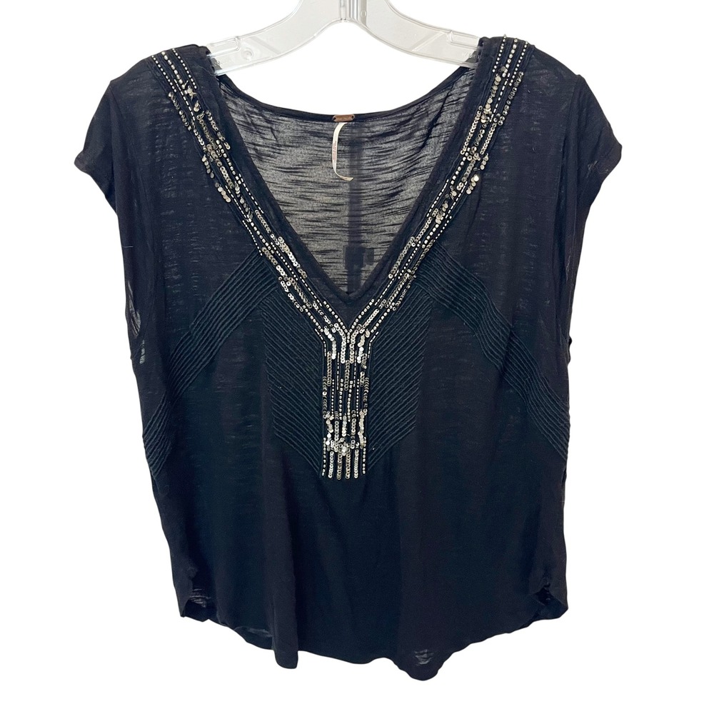 Free People Womens Black Sequin Beaded V-Neck Boho Cap Sleeve Top Size Medium